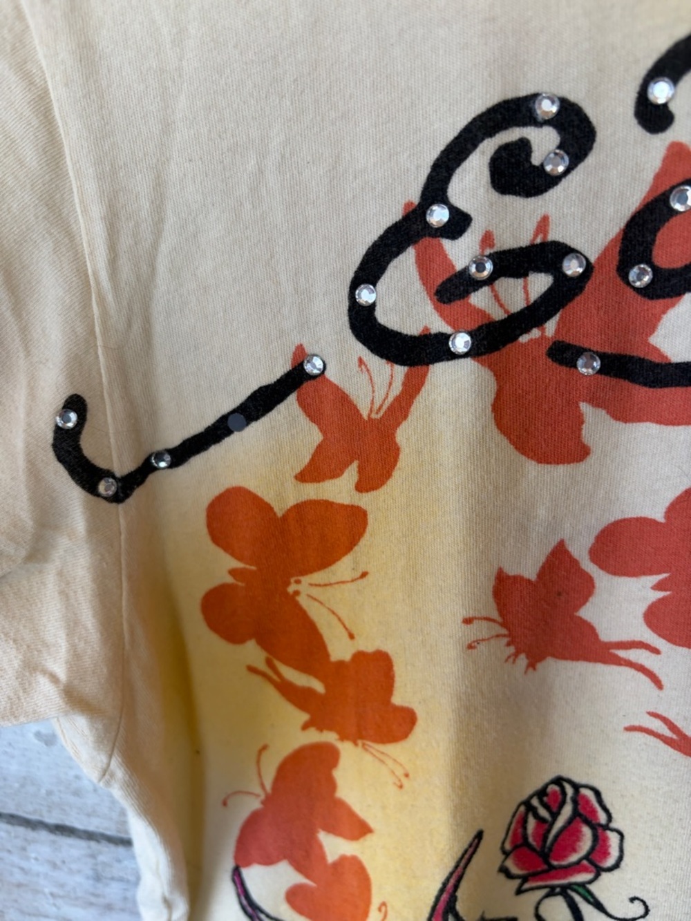 Ed Hardy Yellow Tee with Black Graphic and Rhinestones - Picture 8 of 11